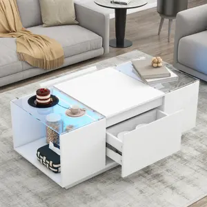 Modern Rectangle Coffee Table with LED Lights, Center Table with High-Gloss Finish and Glass Tabletop, Coffee Table with Open Storage Compartment and 2 Hidden Drawers  for Living Room