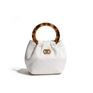 The Tangerine Ring Pouch - Chic Quilted Bucket Bag Soft Faux Leather with Tortoiseshell Handle for Summer Vacation Resort