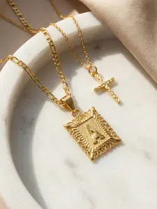14K Gold Plated Double-Layer Cross Alphabet A-Z Necklace Set, Layering Necklace, Figaro Chain + Fine Chain Stacked Pendant, Hypoallergenic Waterproof Vintage Religious Style Personalized Jewelry, Everyday Women's Gift, Cross Pendant