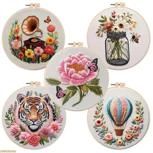 Embroidery Kit DIY Floral Hot Air Balloon Pattern Stitching Materials Set English Needle Guide Handmade Craft Art Project Home Decoration