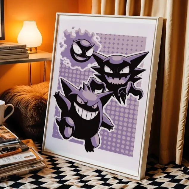 Haunter Evolution Poster, Ghost-Type Art with Gastly, Haunter & Gengar, Purple Comic Style Print, Nerd Room Unframed Wall Art, Home Decor Vibrant Cartoon Design Decoration