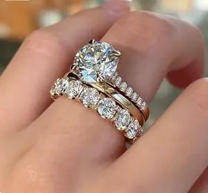 3-in-1 Rose Gold Diamond Ring Set - Round Cut Engagement Ring with Stackable Eternity Bands, Four Prong Bridal Promise Jewelry for Women