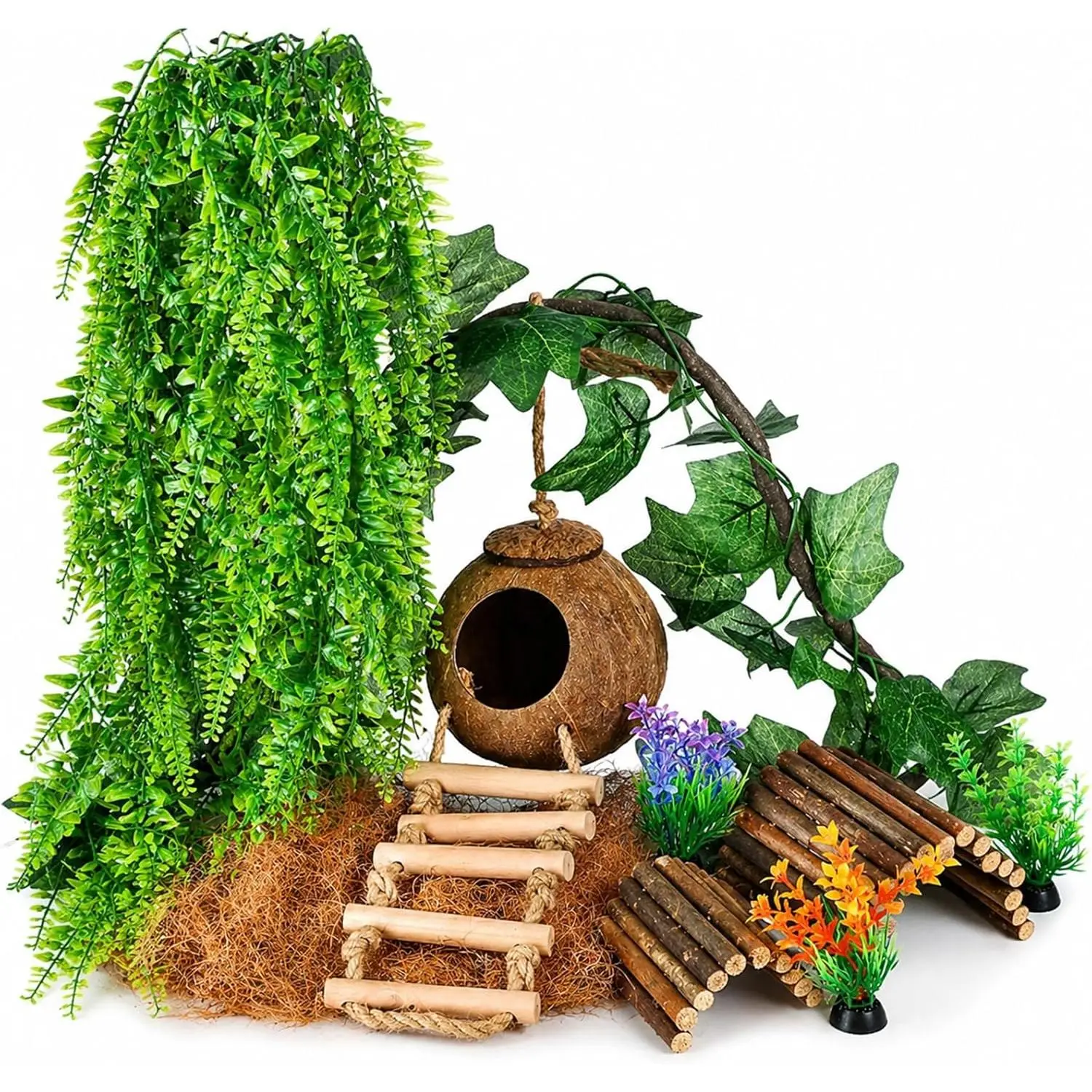 Crested Gecko  Accessories, Reptile   Vines with  Coconut Shell Hideout & Climbing Ladder Decor for Hermit Crab Lizard Leopard Gecko Chameleon Snake Terrarium Decor