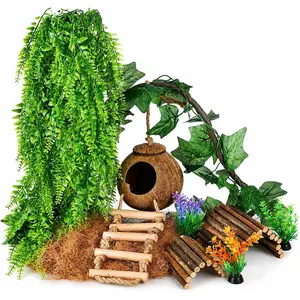 Crested Gecko  Accessories, Reptile   Vines with  Coconut Shell Hideout & Climbing Ladder Decor for Hermit Crab Lizard Leopard Gecko Chameleon Snake Terrarium Decor