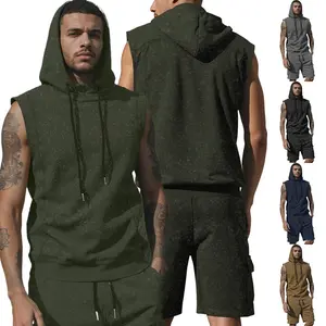 Men’s Vintage Washed Sleeveless Hoodie and Shorts Set, Two-Piece Outfit with Drawstring Shorts and Hooded Vest, Summer Casual Gym Athletic Streetwear, Breathable Lightweight Sports Casual Set