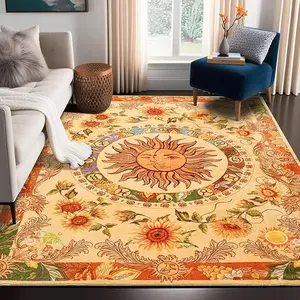 Sun and Moon Area Rugs Retro Non Slip Ultra Thin Washable Mystical Rugs Stain Resistant, Yellow Hippie Floral Throw Rugs for Living Room Bedroom Entryway, Trendy Indie Dorm Tapestry Rug
