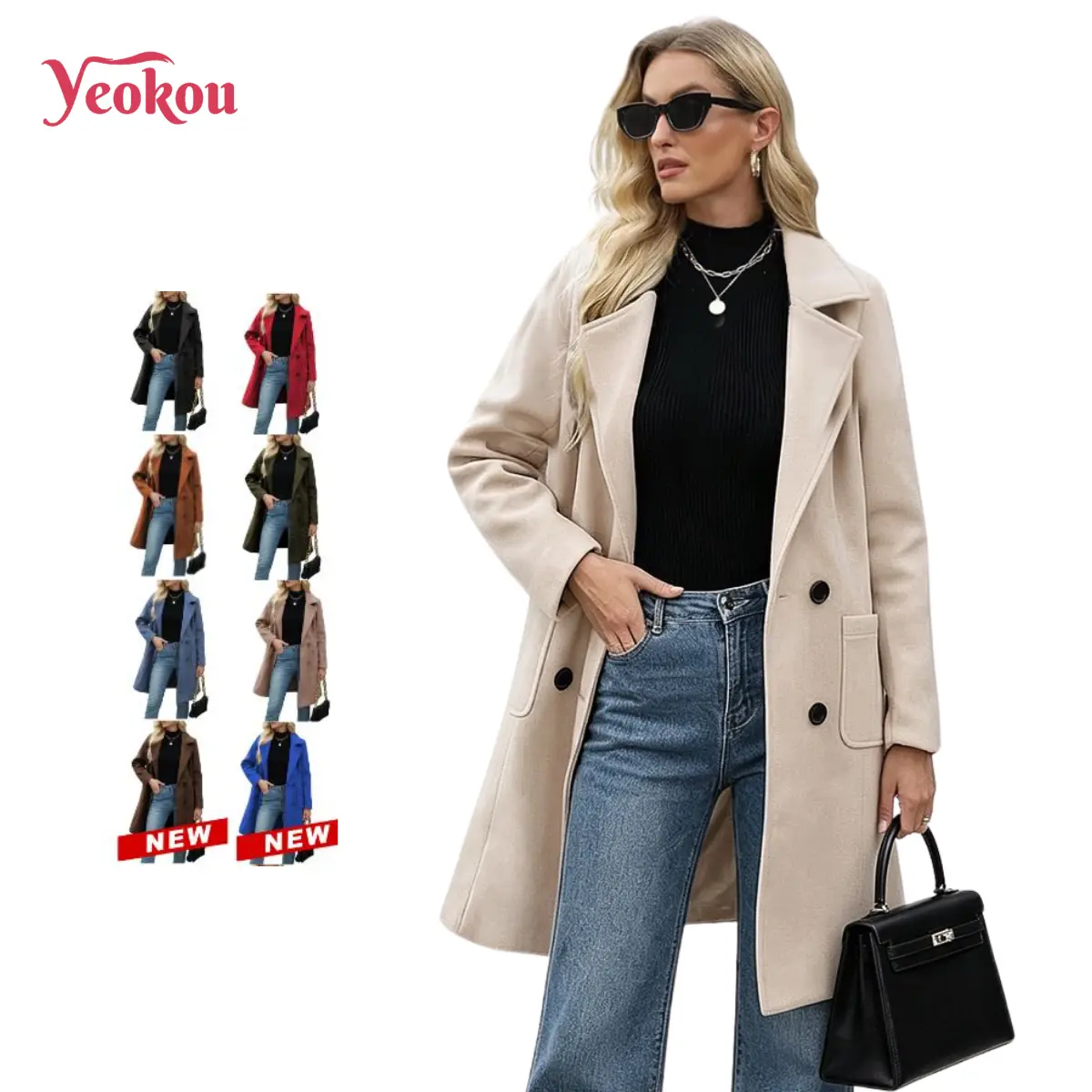 Yeokou Women's Double-Breasted Wool-Blend Fabric Peacoat - Elegant, Thick, Warm Mid-Length Winter Overcoat with Notch Lapel, Black, Blue, Chic Work
