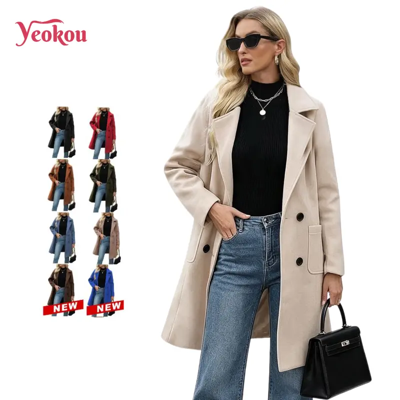 Yeokou Women Fall Winter Wool Blend Camel Mid-Long Coat Notch Double-Breasted Lapel Jacket Outwear SohoChic