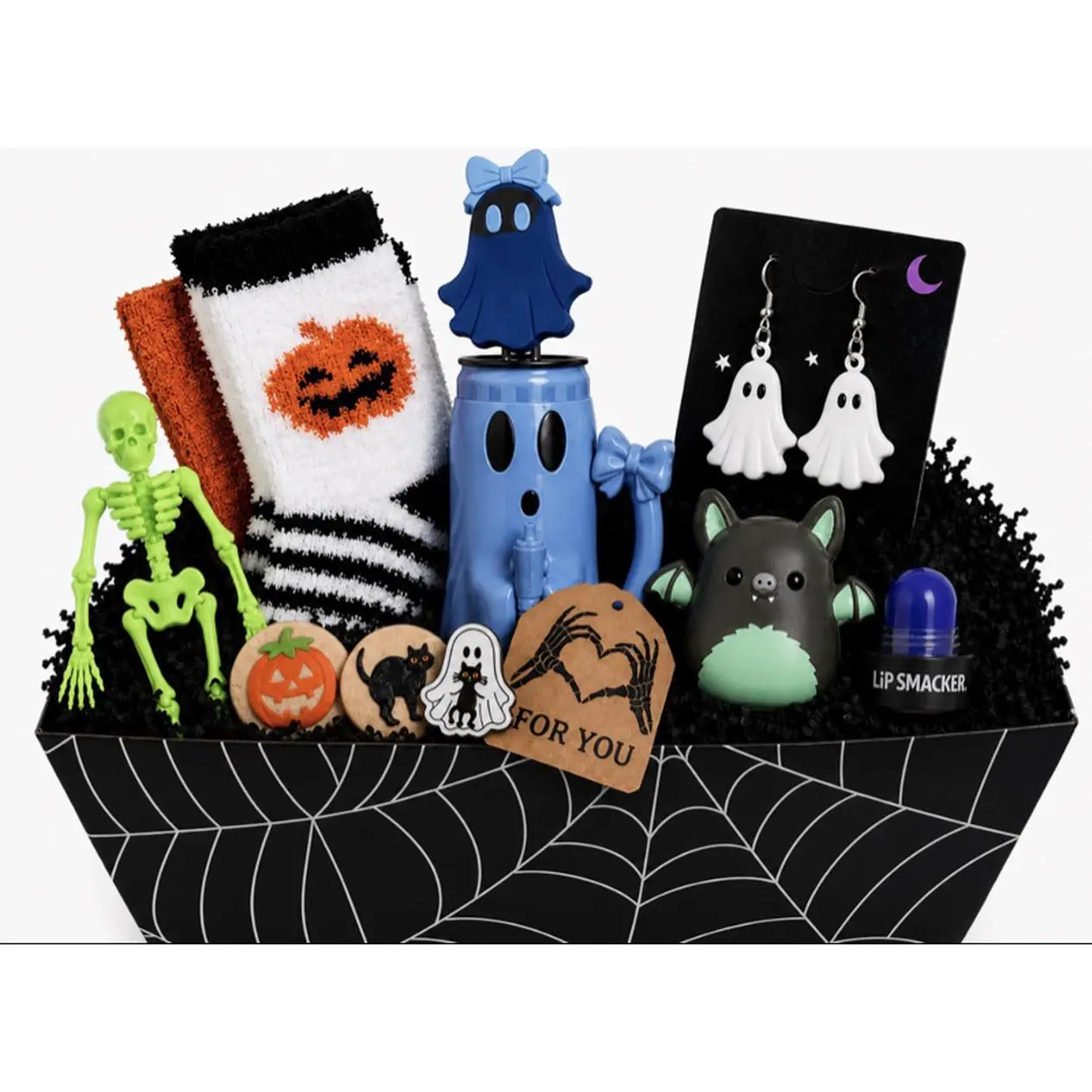 Personalized Halloween Boo Basket Gift for Her - Custom Spooky Gift Box with Cookie, Ghost Can Holder, Skeleton Earrings, Socks, Magnets & Pin