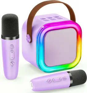 Mini Bluetooth karaoke speaker, 2026 Perfect Easter Gift for kids，portable speaker with 2 wireless microphones, cute karaoke Bluetooth speaker with RGB lights, ideal gift for kids aged 3 4 5 6 7 8 9 10 11 12 +, hlfl stereo sound subwoofers audio device