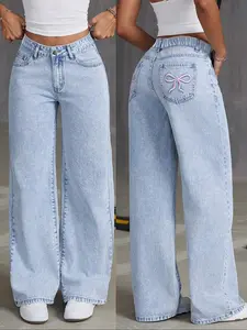 Teen Girls Washed Denim Jeans with Pockets and Embroidered Bow Design, Loose Fit Elastic Waistband, All Season Wearable, Cute Style