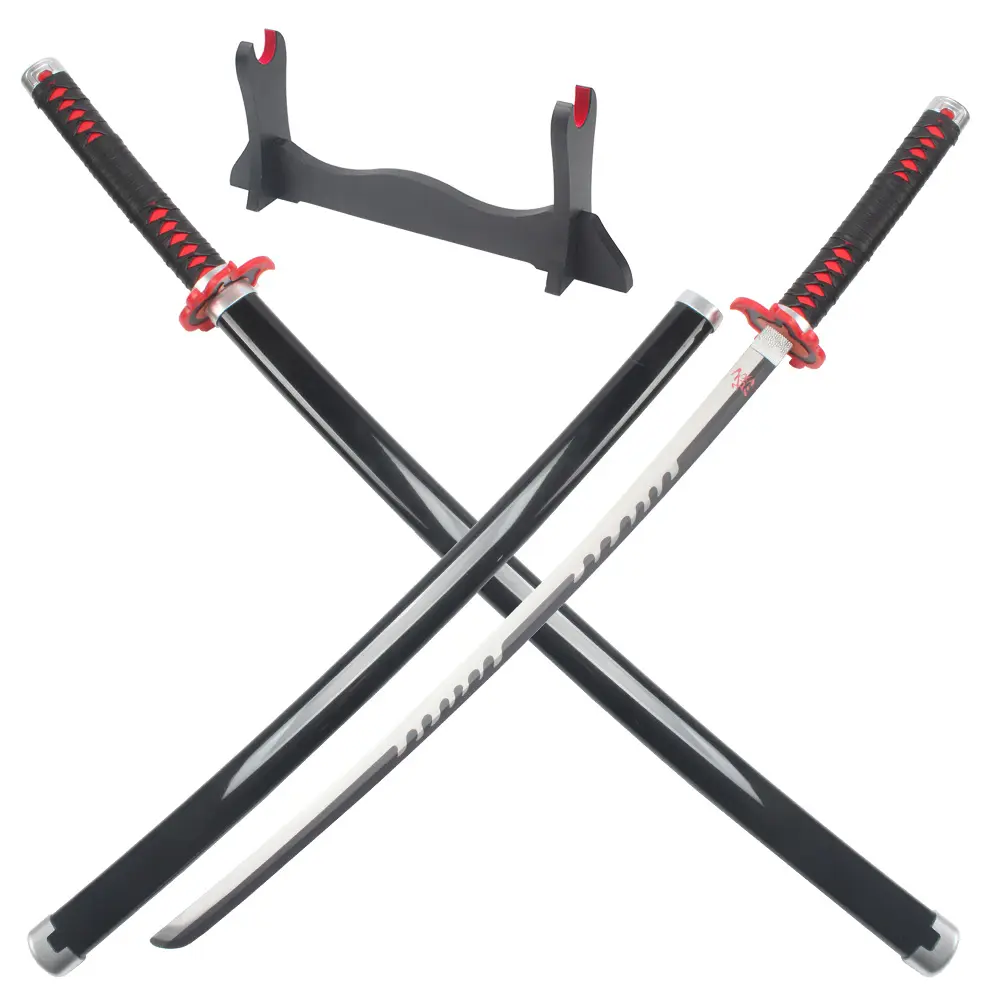 ELERVINO 41in Stainless Steel Demon Slayer Tanjirou Kagura Anime Sword for Ages 12+, Metal Cosplay Prop with Wooden Holder Stand, Halloween Toy Sabre, Fantasy Collection Decoration Gift (Plastic Accents), Cosplay Props