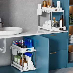 2 Pack Under Sink Organizer, 2 Tier Bathroom Cabinet Organizer with Sliding Basket, Multi-Purpose Under Sink Organizers and Storage for Bathroom Kitchen (White 2 Pack)