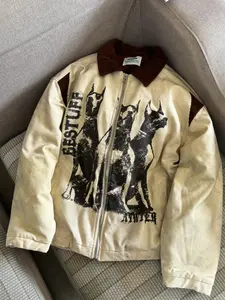 Doberman printed corduroy collar cotton jacket, old fabric thermal jacket, letter printing + corduroy lapel collar + contrasting hemming + thick filling + windproof fabric, ideal for stacking, suitable for daily commuting and travel/weekend activities and