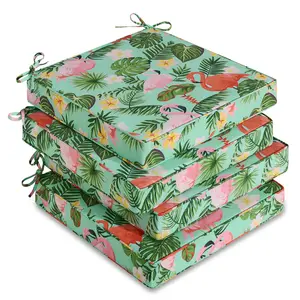 downluxe Outdoor Chair Cushions Set of 4, Waterproof 19" x 19" x 3" Patio Chair Cushion with Non-Slip Ties & Handle, Square Outdoor Cushion for Patio Furniture with Removable Cover, Tropical Flamingo