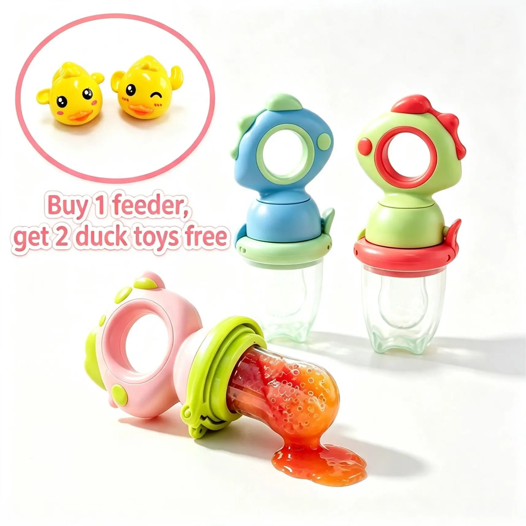 julybaby Unisex Cute Dinosaur Silicone Fruit Feeder - BPA-Free Squeeze-Style Infant Self-Feeding Teething Toy with Soft Gum Relief, Chew-Resistant Tip, Anti-Choking Mesh, Easy Clean Parts, Safe Weaning Aid, Includes Free Gift, Food-Grade Silicone
