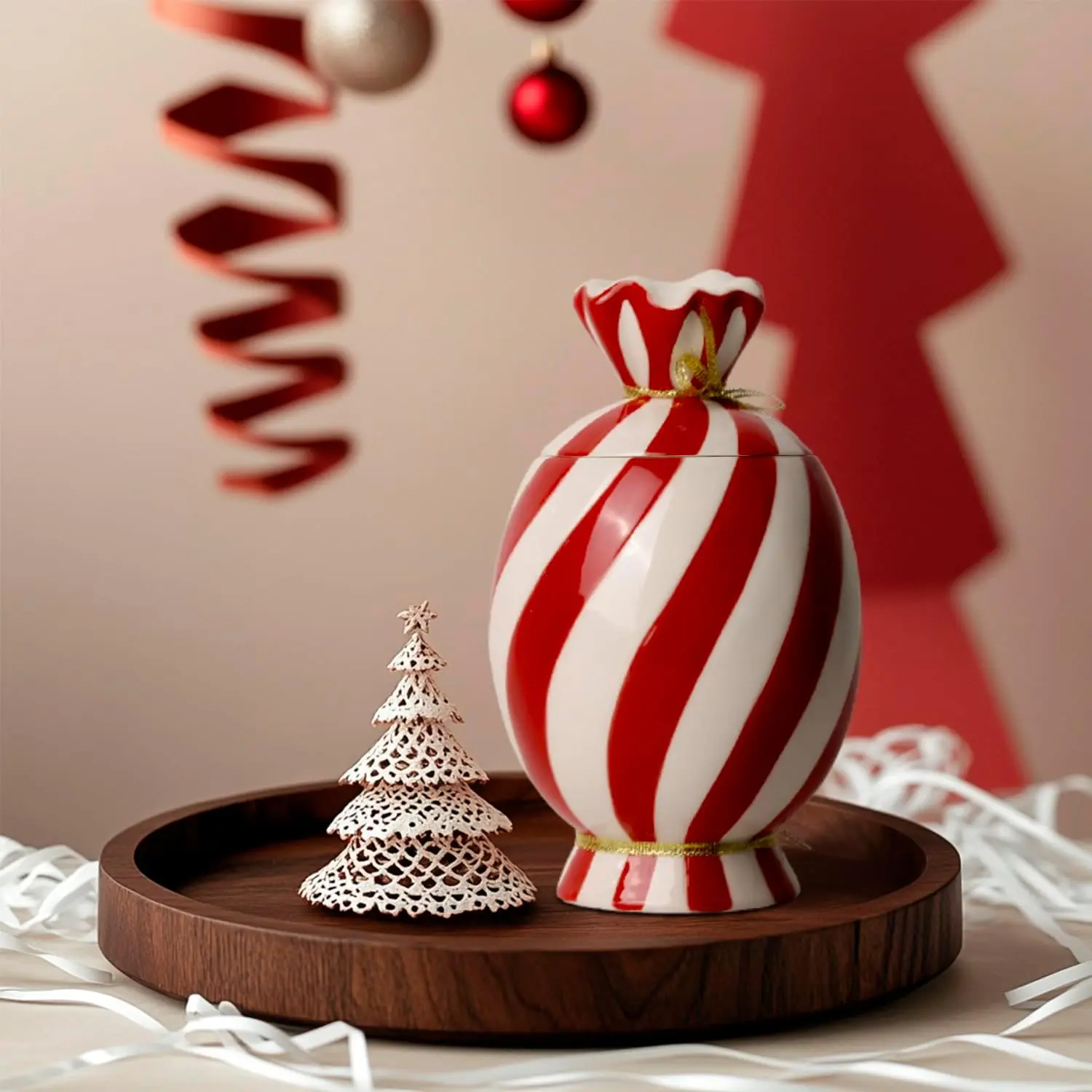24.2 oz (700ml) Handmade Smooth Ceramic Christmas Canister Set, Candy-Design Lidded Containers for Food Storage, Kitchen & Home Supplies Organizer Gift for Coffee Grounds or Countertop Utensils