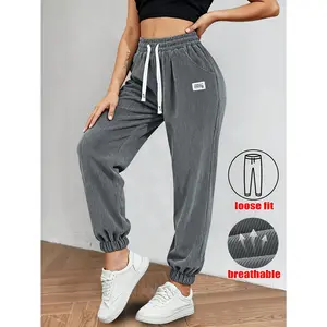 Women's Solid Corduroy Cuffed Pants, Elastic Drawstring Waist Soft Casual Trousers, Comfortable Pocket Design Activewear Pants for Spring Fall Daily Street Casual Outfits