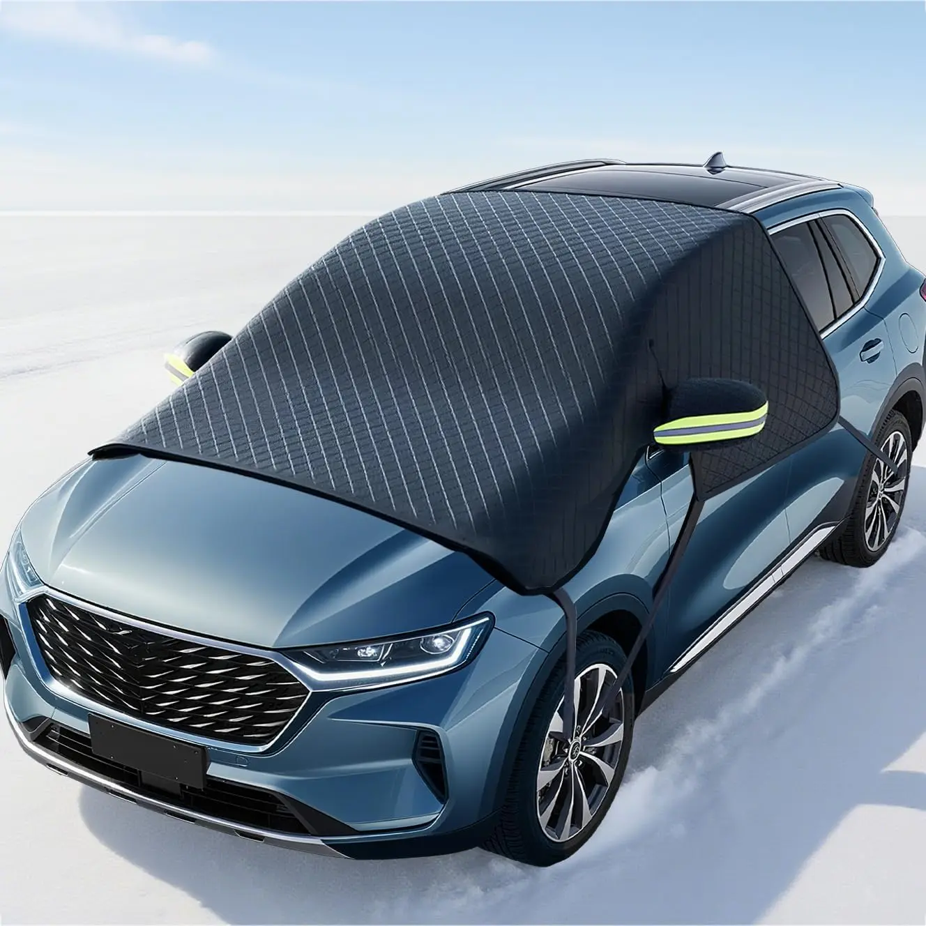 Car Windshield Cover for Ice and Snow - 112*57 Inch Universal Cover with Side Mirror, Side Window Protectors, Durable Magnetic Belt, Highly Waterproof Winter Frost Hail Guard, Suitable for Most Cars, SUVs, Trucks (Father's Day Gift, All 4 Seasons), Six In