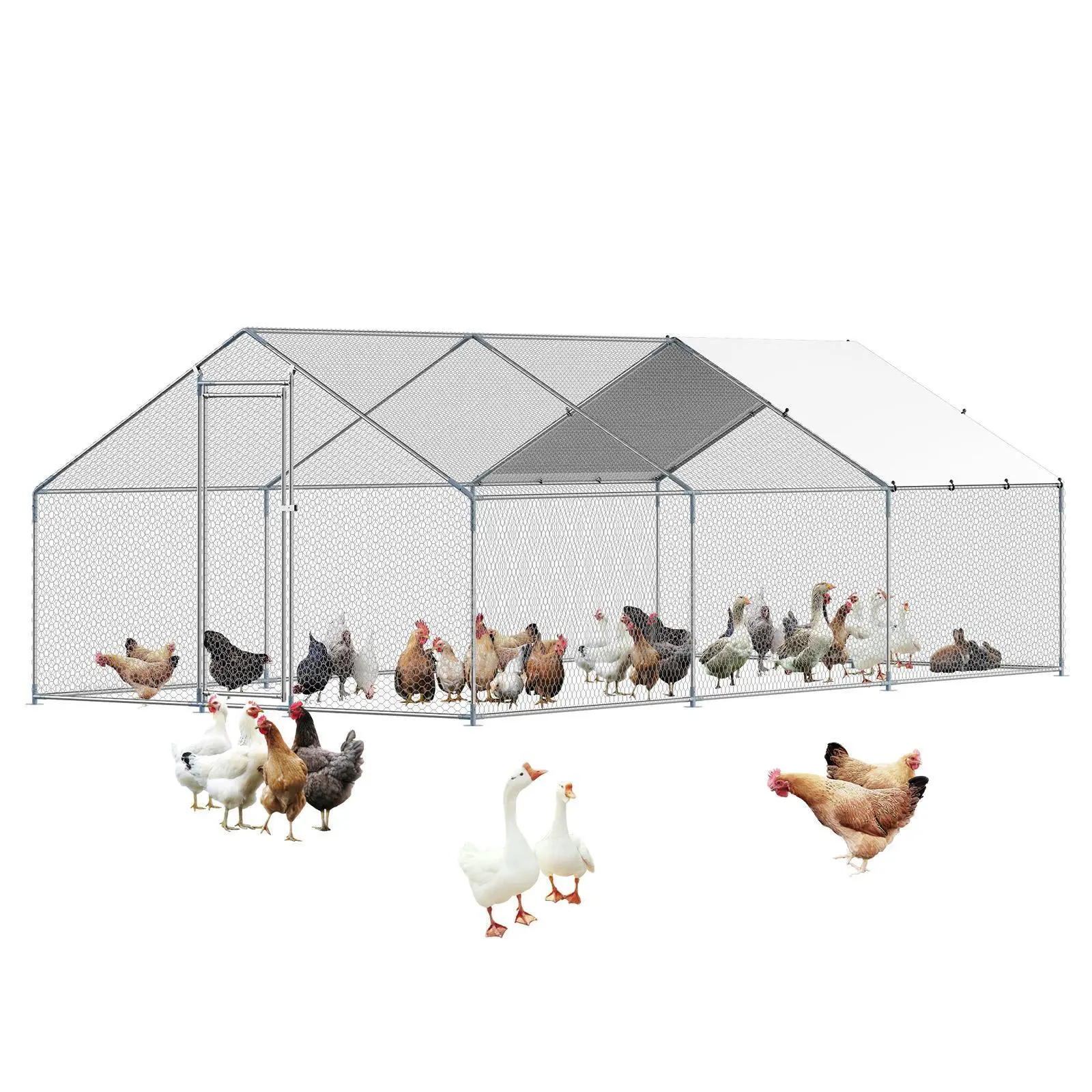 VEVOR Coated Metal Walk-in Poultry Hutch, 9.8x19.6x6.5 ft Large Space Chicken Cage Enclosed with Cover, Hex Mesh Spire Roof with Security Lock, Secure Backyard Shelter for Chickens Ducks#BacktoSchool