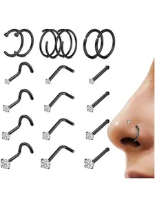Cool 18 Pcs Black Shining Nose Rings Studs Surgical Steel Nose Studs for Women Men Trendy Double Hoop Nose Rings Studs Hypoallergenic Nose/Body Piercing Jewelry Set Nose Piercings Kit