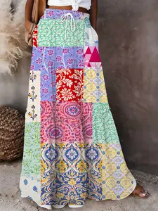 Boho Patchwork Print Maxi Skirt | Colorful Tiered Skirt with Pockets Womenswear Boho Beach Skirt
