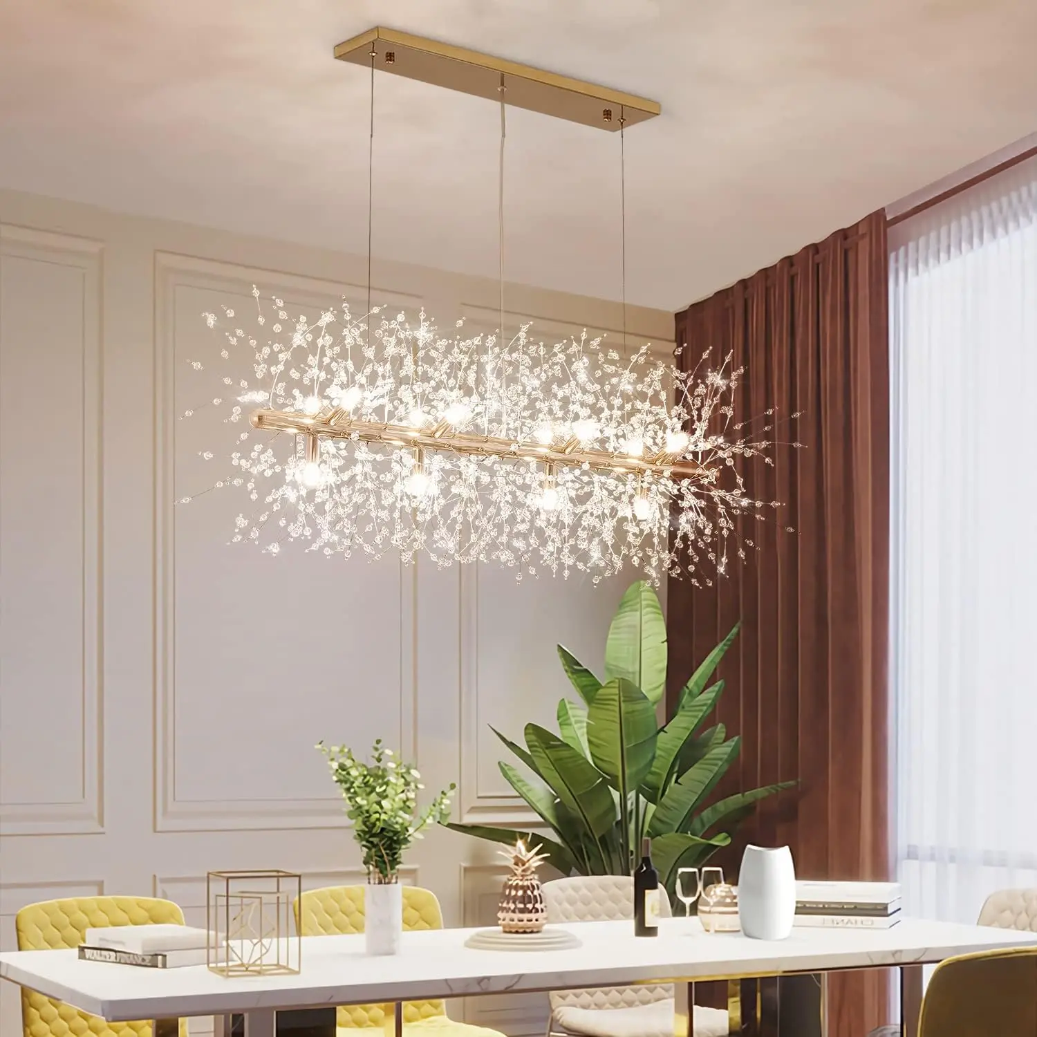 12-Light Gold Metal Anti-Rust Adjustable Crystal Firework Chandelier, Modern Indoor Lighting Fixture for Dining Room, Kitchen Island, 35.5" L x 15.7" W x 15.7" H, Anti-Rust Material