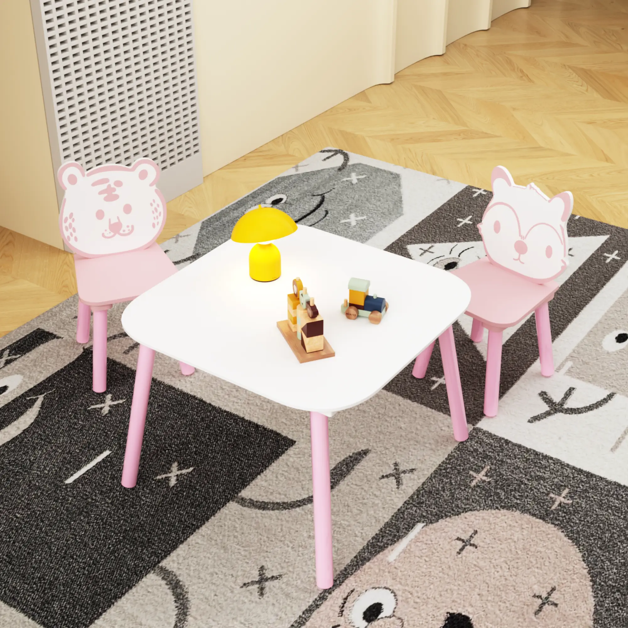 Wooden Kids Table and Chair Set (3-Piece with 2 Chairs), Compact 23.62 x 23.62 x 17.32 Inches Toddler Desk with Cute Animal Backrest, Assembly Required Indoor Furniture Set for Drawing, Learning