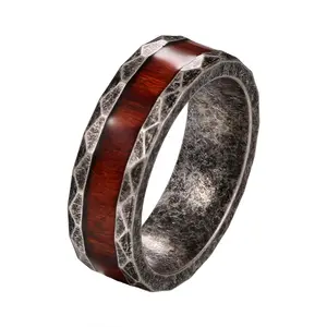 8mm Wooden Promise Ring for Men Vintage Stainless Steel Multi-Faceted Wedding Band with Natural Wood Inlay