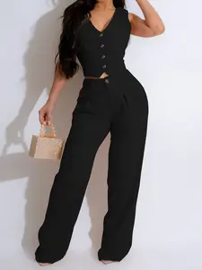 Women's Vest Set Jacket + Long Pants Fashion V-Neck Single Button Two-Piece Suit Office Ol Commute Style Spring Autumn