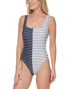 Tommy Hilfiger Womens Split-Striped Tank One-Piece Swimsuit