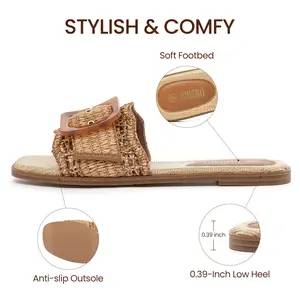 Rihero Women's Raffia Flat Sandals Square Open Toe Summer Beach Slip On Woven Buckle Slide Sandals