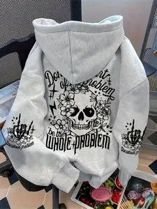 Women's Halloween Skull Poster Print Hooded Long Sleeve Sweatshirt, Drawstring Graphic Hoodie, Casual Loose-Fitting Fall & Winter Pajama Set, Comfortable Warm Sleepwear