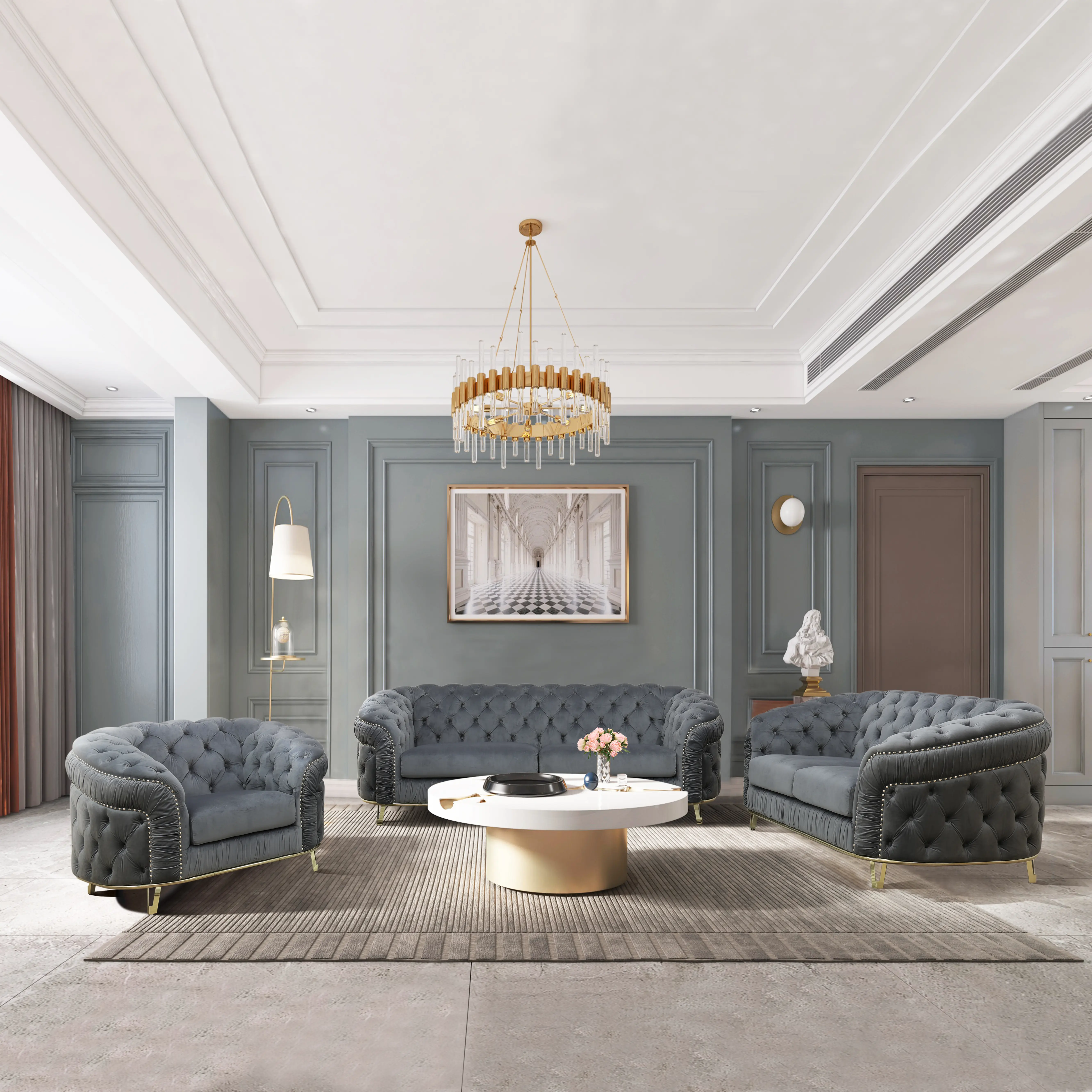 3-Piece Grey Microfiber Curved U-Shaped Sectional Sofa Set - Modern Minimalist Tufted Couch with Gold Accents, Cozy Multi-Seat Living Room Couch, Indoor Living Room Furniture, Modern Minimalist Couch Modern Sofas Set Modern Upholstered Sofa