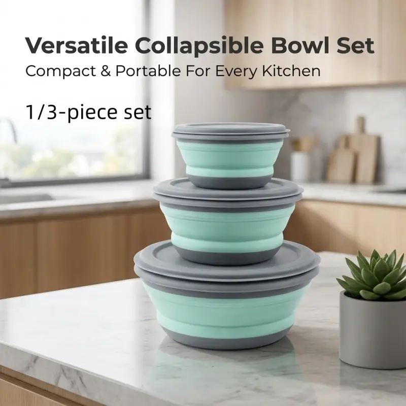 3-Piece Foldable Silicone Bowl Set (with Lids), Reusable Foldable Containers, Space-Saving and Leak-Proof, Ideal for Travel, Camping, Office Meals, and Food Storage, Picnic Set, Camping Supplies