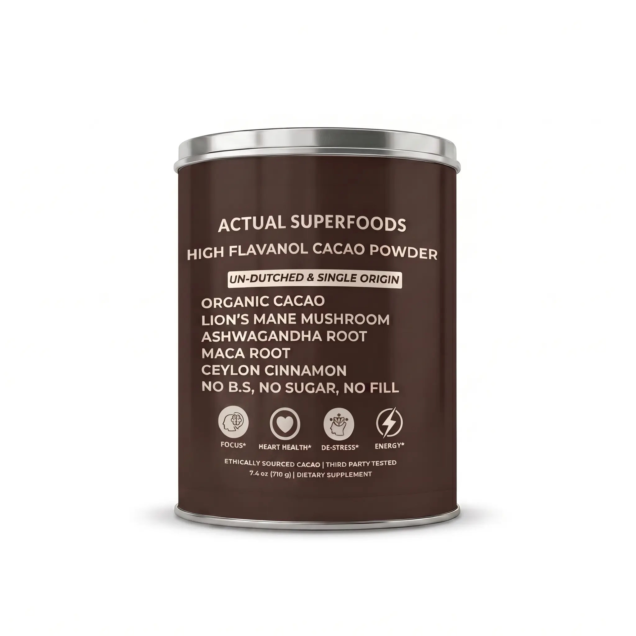 Actual Superfoods Organic High Flavanol Cacao Powder Chocolate - Single Origin, Non-Alkalised, with Lion's Mane, Maca, Ashwagandha, Ceylon Cinnamon - Heart-Healthy Beverage, Coffee Alternative - 30-Servings Wellness Supplement