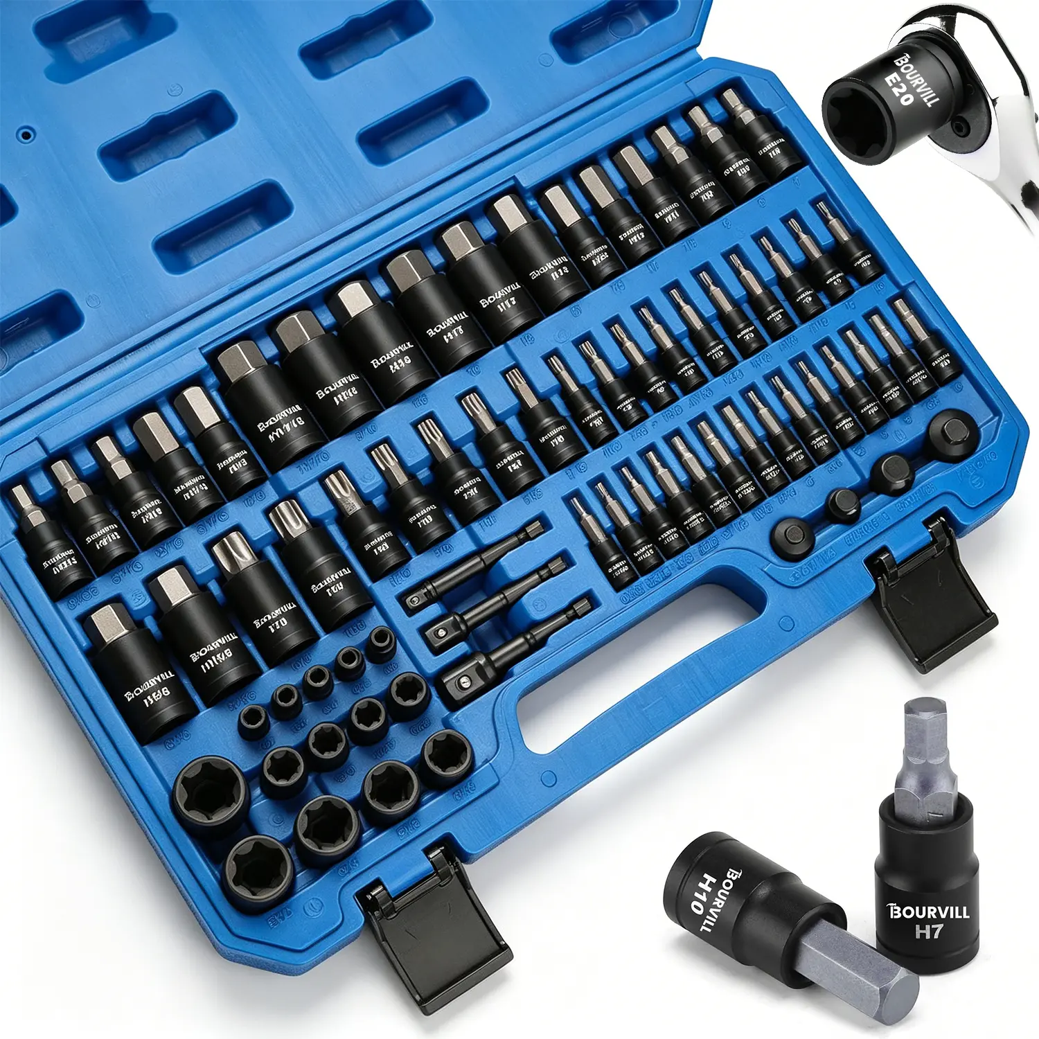 71-Piece Master Hex & Torx Bit Socket Set, 1/4" & 3/8" & 1/2" Drive, Metric/SAE Hex Bit Sockets, Star Bit Sockets (T6 - T70), E-Torx Sockets (E4 - E24), with Storage Case