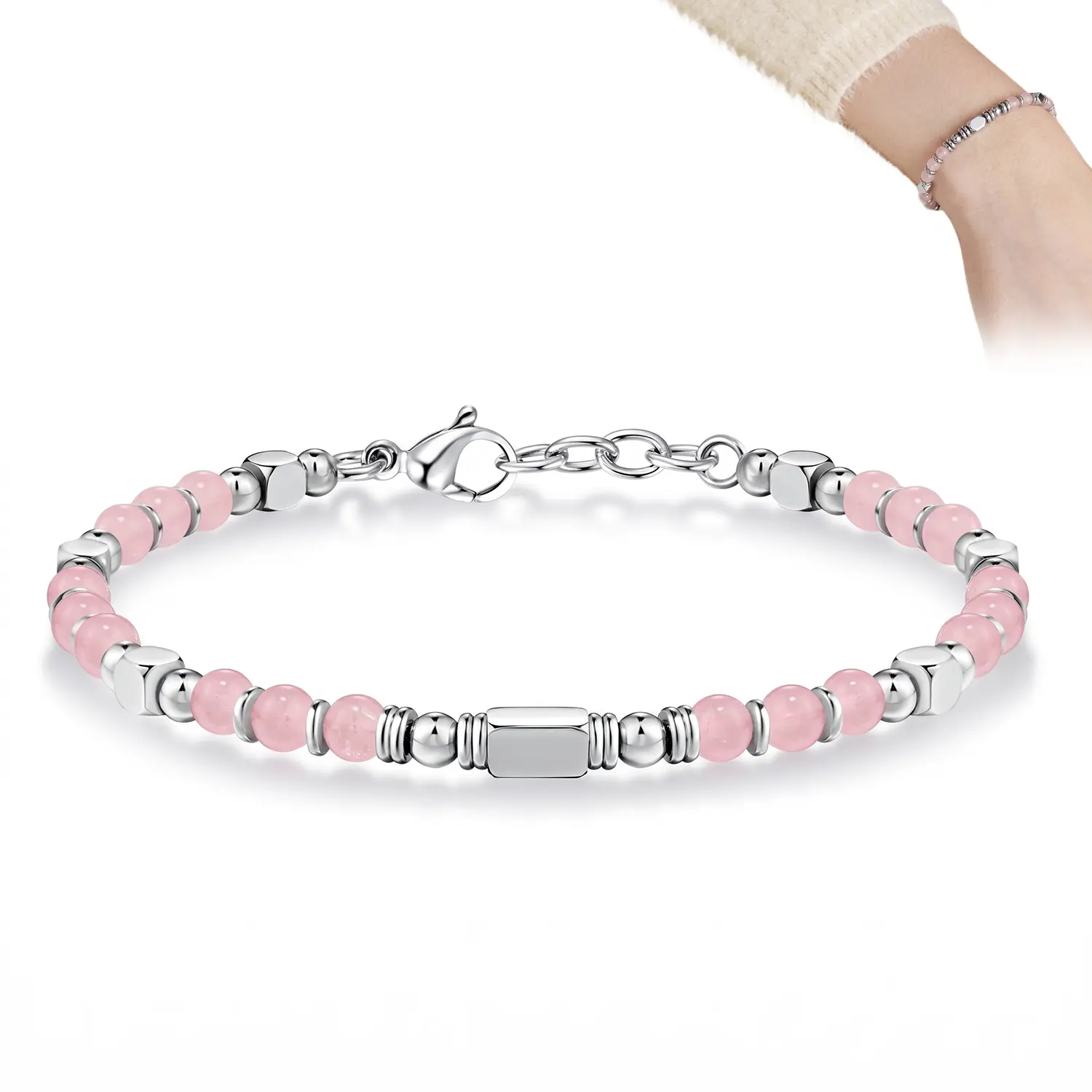 Beaded Bracelet - Natural Rose Quartz, Stainless Steel Jewelry, Adjustable Clasp Lock, Unisex Fit, Variable Size, Minimalist Stone Accessory, Everyday Adult Gift