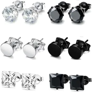 FUNRUN  6 Pairs Stainless Steel Stud Earrings for Men Women CZ Round Earrings Black 3-10MM