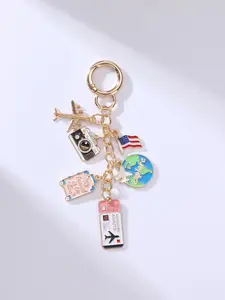 Travel Enthusiast Alloy Oil-Drop Keychain, Airplane Earth Camera Luggage Multi-Pendant Combination, Creative World Tour Car Key Chain Gift