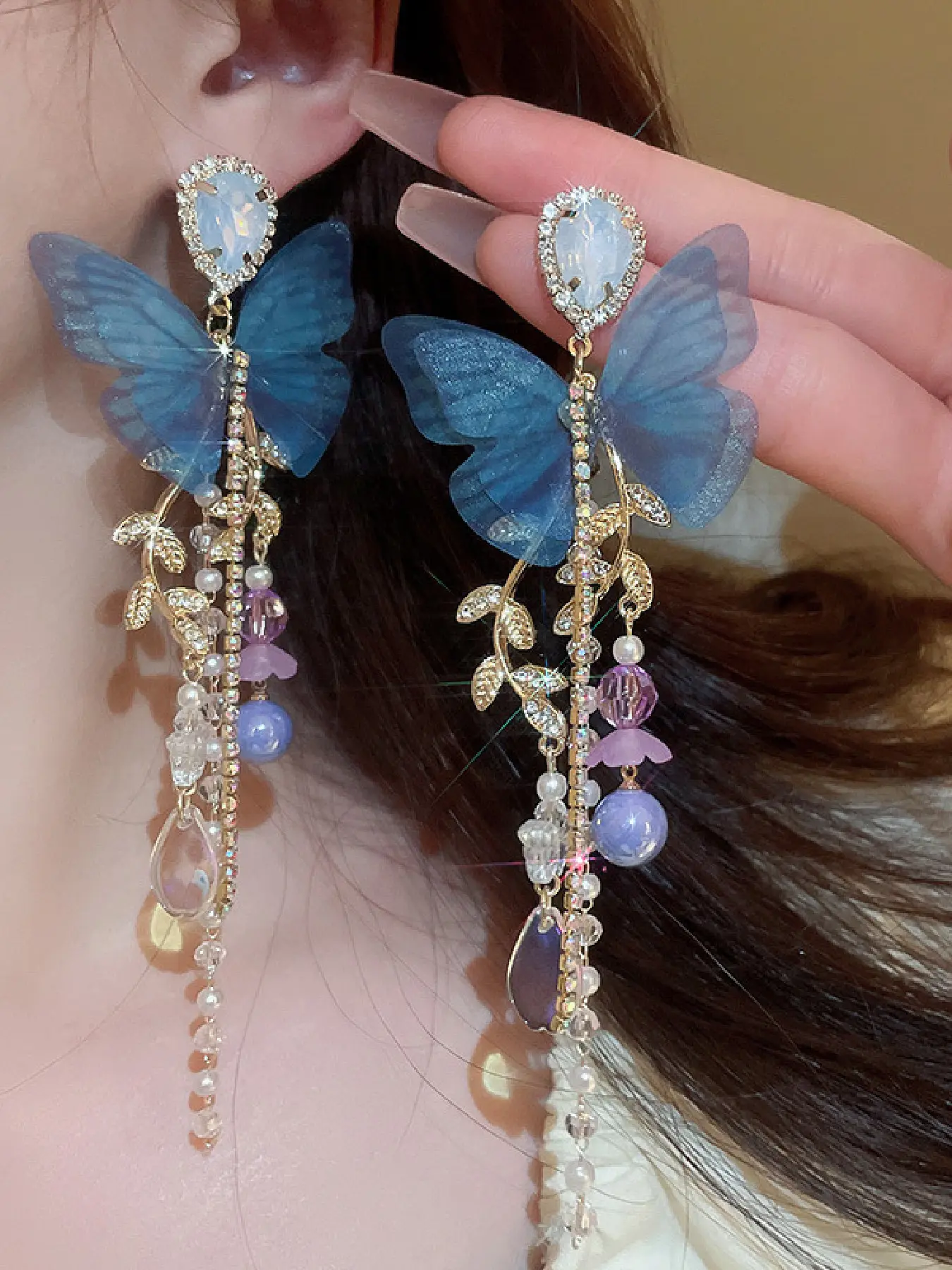 Chiffon Butterfly Water Drop Crystal Versatile Dangly Earrings for Women, Unique Design Dangle Earrings, Bridal Drop Earrings Wedding Evening Wear Daily Use, Casual Style All Seasons Jewelry Gift, Trendy Earrings