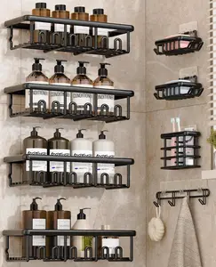 8-Pack Adhesive Rustproof Shower Caddy Set with Soap Dishes, Toothbrush Holder, and Hooks – No-Drilling Large-Capacity Bathroom Organizer Shelves Rack (Black)
