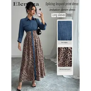 Women’s Leopard Print Patchwork Casual Long Shirt Dress with Roll-Up Sleeves and Single-Breasted Closure for Autumn
