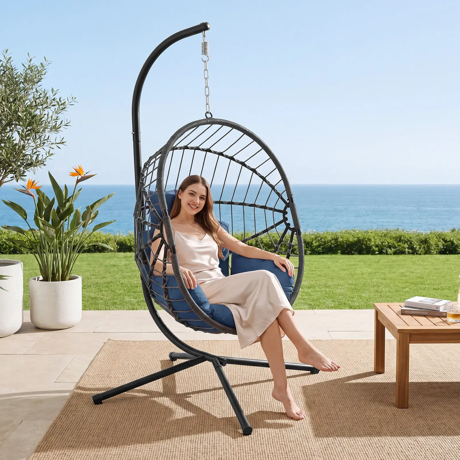 Egg Patio Swing Chair with Plush Cushion, 350LB Weight Capacity Indoor & Outdoor Hanging Chair for Patio, Garden, and Balcony, Distressed Brown Rattan Design for Ultimate Comfort-Summervibes