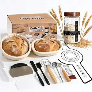 Sourdough Starter Kit,40oz Sourdough Starter Jar with Wooden Lid,2 Banneton Bread Proofing Baskets (9”Round & 10”Oval),Bread Making Supplies Tools,Sourdough Bread Baking Supplies,for Baking Beginners
