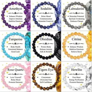 12Pcs 8mm Natural Healing Crystal Bracelets for Women Men Semi-Precious Gemstone Beaded Bracelets Round Beads Gemstones Stretch Yoga Bracelet