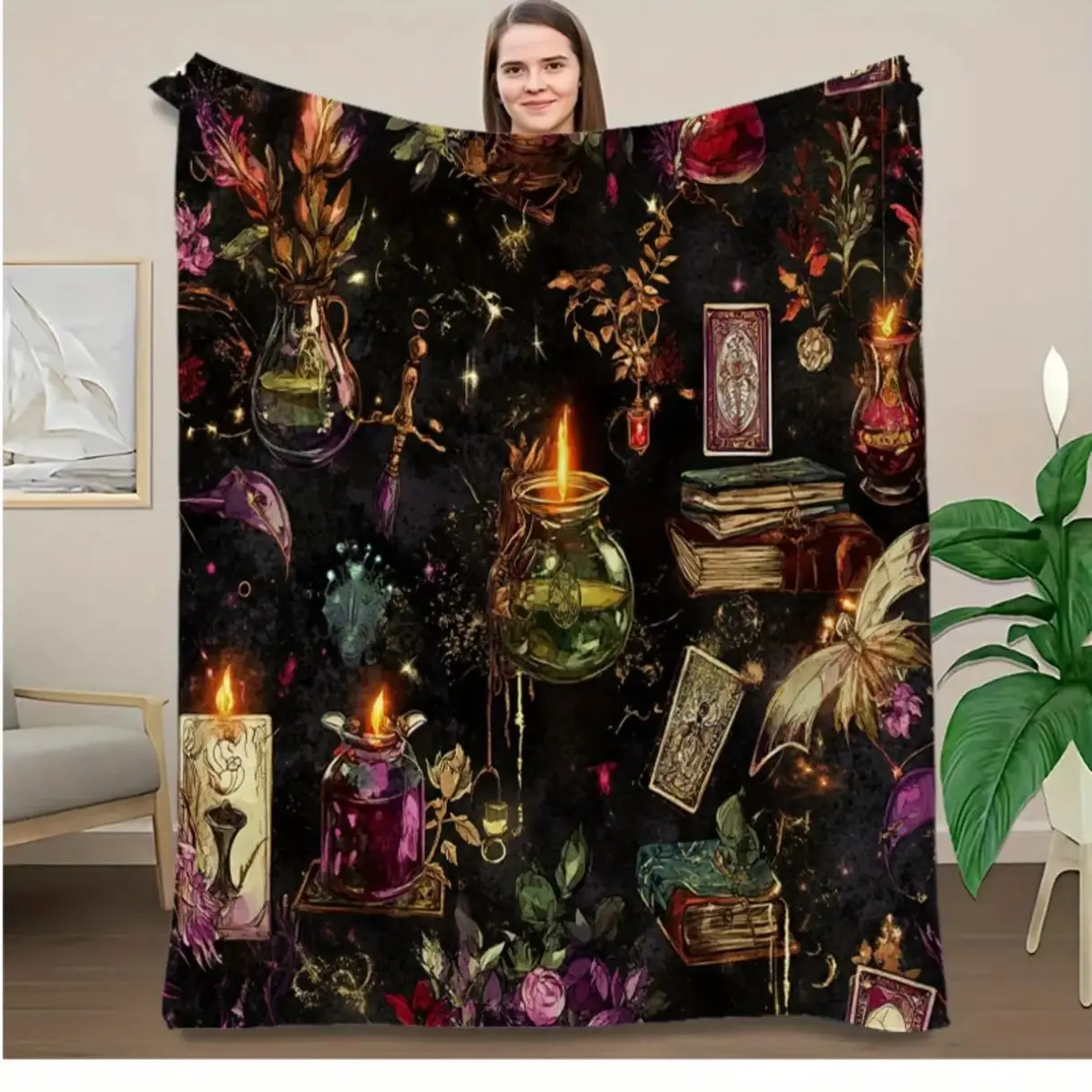 1pc Gothic Witchcraft Blanket for Bed Dark Magical Decor with Candles Books Herbs Soft Flannel Throw for Halloween Witchy Home Camping Office AllSeason Cozy Gift for Wiccan Pagans Fantasy Lovers Lightweight Skinfriendly Soft Durable