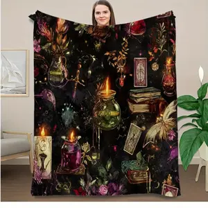 1pc Gothic Witchcraft Blanket for bed - Dark Magical Decor with Candles, Books, Herbs - Soft Flannel Throw for Halloween, Witchy Home, Camping, Office - All-Season Cozy Gift for Wiccan, Pagans, Fantasy Lovers - Lightweight, skin-friendly, soft and durable