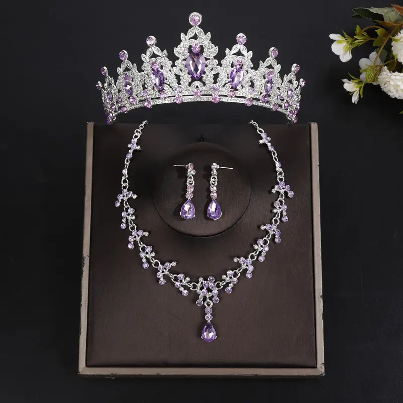 Silver light purple crown necklace earri