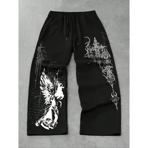 TikTok Hot Trend! Men's Black Drawstring Joggers with Gothic - Style Angel & Ornate Pattern Prints, Ideal for Streetwear and Casual Outfits